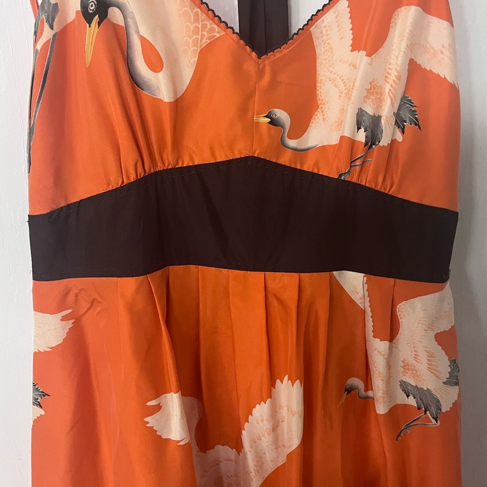 Orange Dress with Crane Print